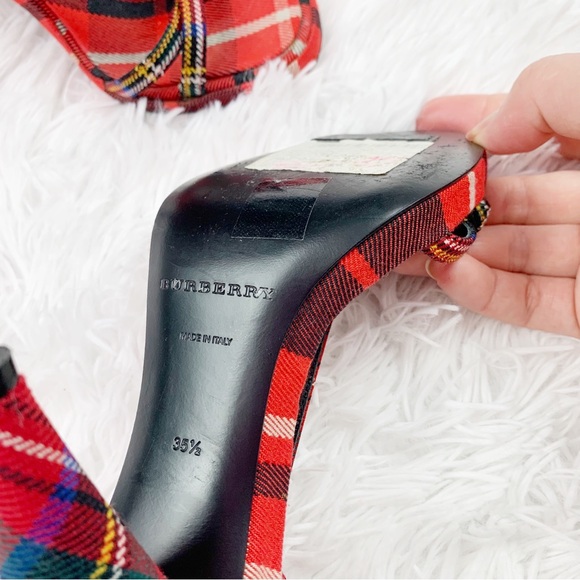 Burberry Red Checkered Canvas T Strap Sandals Tartan Wool Cone-heel Size 35.5 - Picture 9 of 12